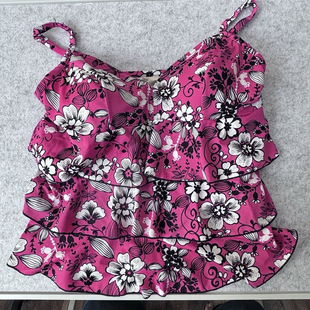 FIT 4U Tankini Swim Top Tiered Ruffle Tropical Print On Pink Women’s 18W